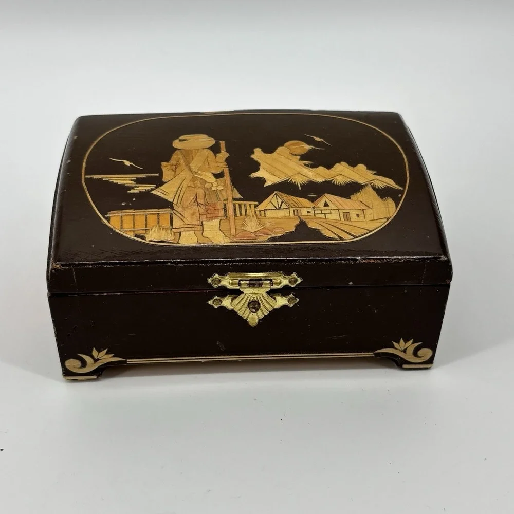Vtg Trinket Jewelry Box Brown Cork Landscape IntricateWooden Asian Carved Inlaid